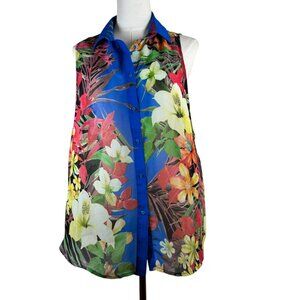 Maddy K Vibrant Hawaiian Hibiscus Button Down Shirt Large Sheer Chiffon Back